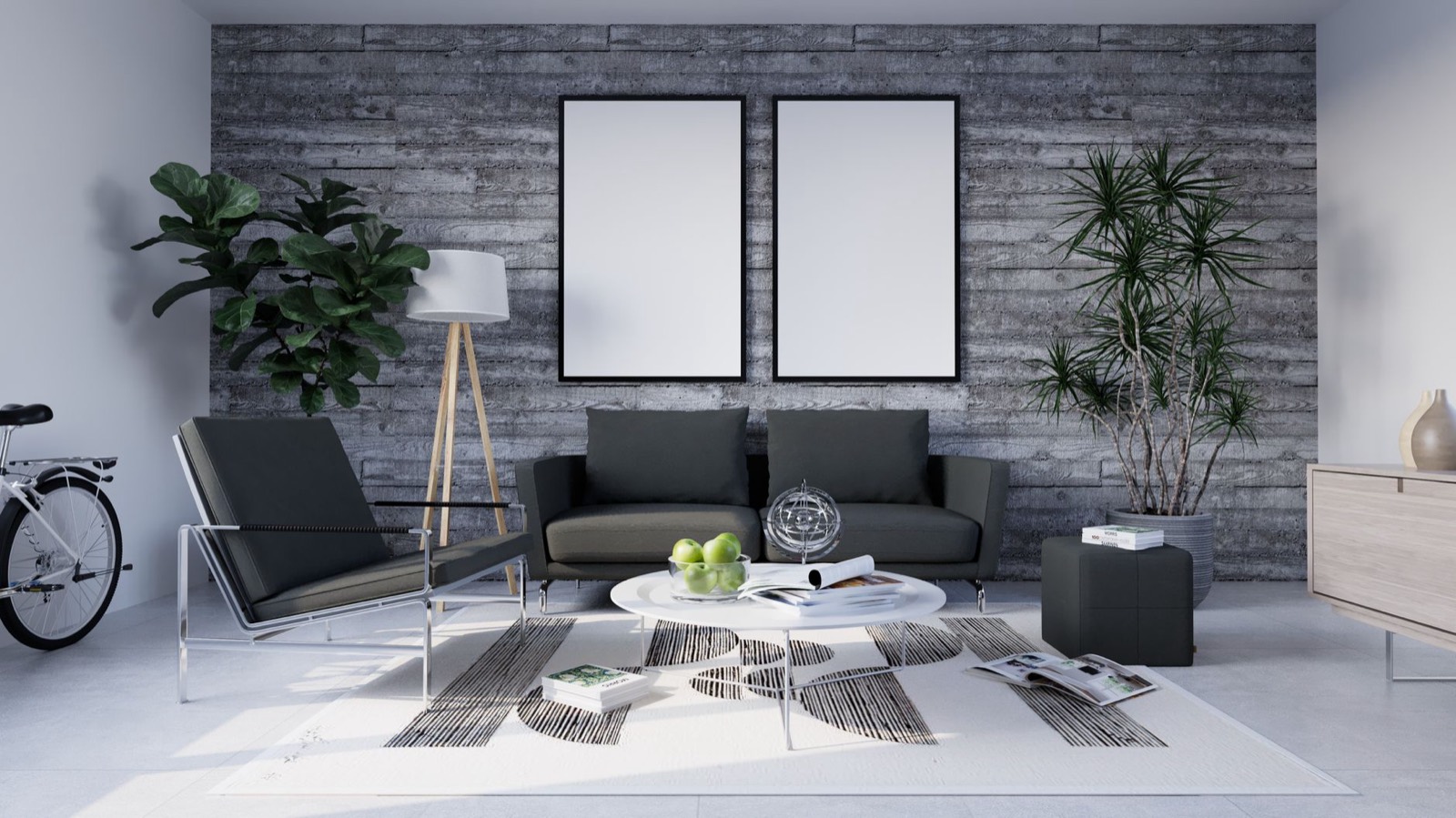 Area rug anchoring a living room seating group with furniture legs resting on it