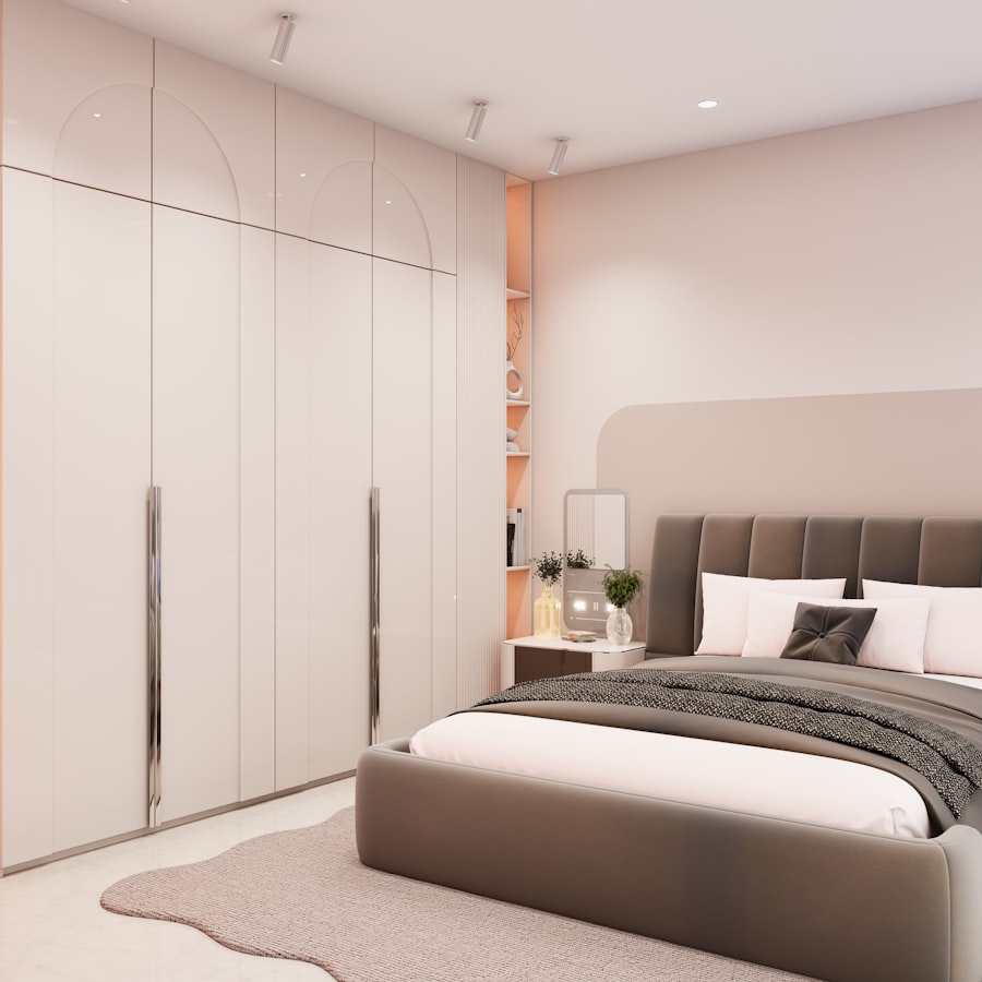 Upholstered bed with built-in wardrobe