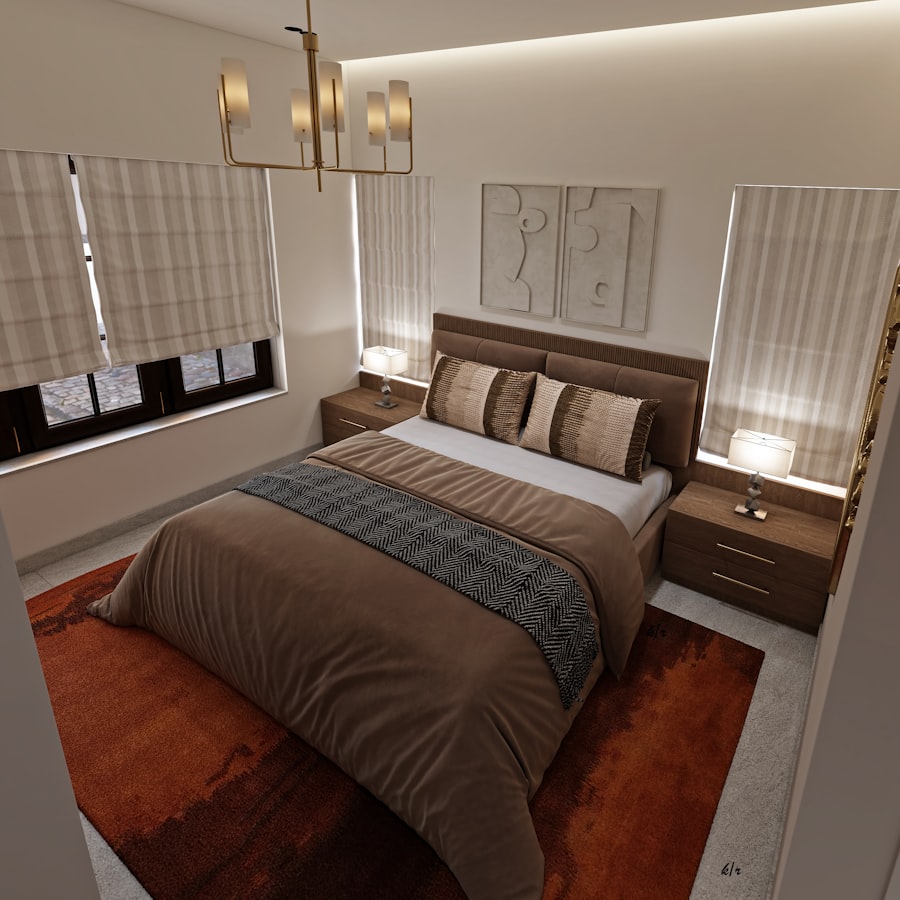 Warm traditional bedroom with wood headboard and area rug