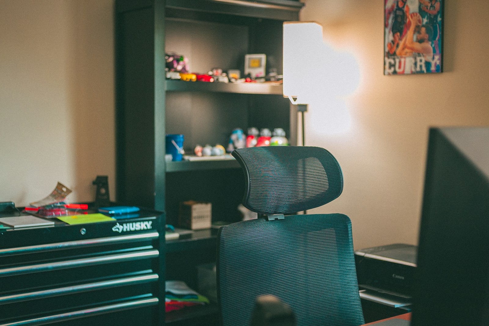 Shelving used for storage in a home office alongside a work surface