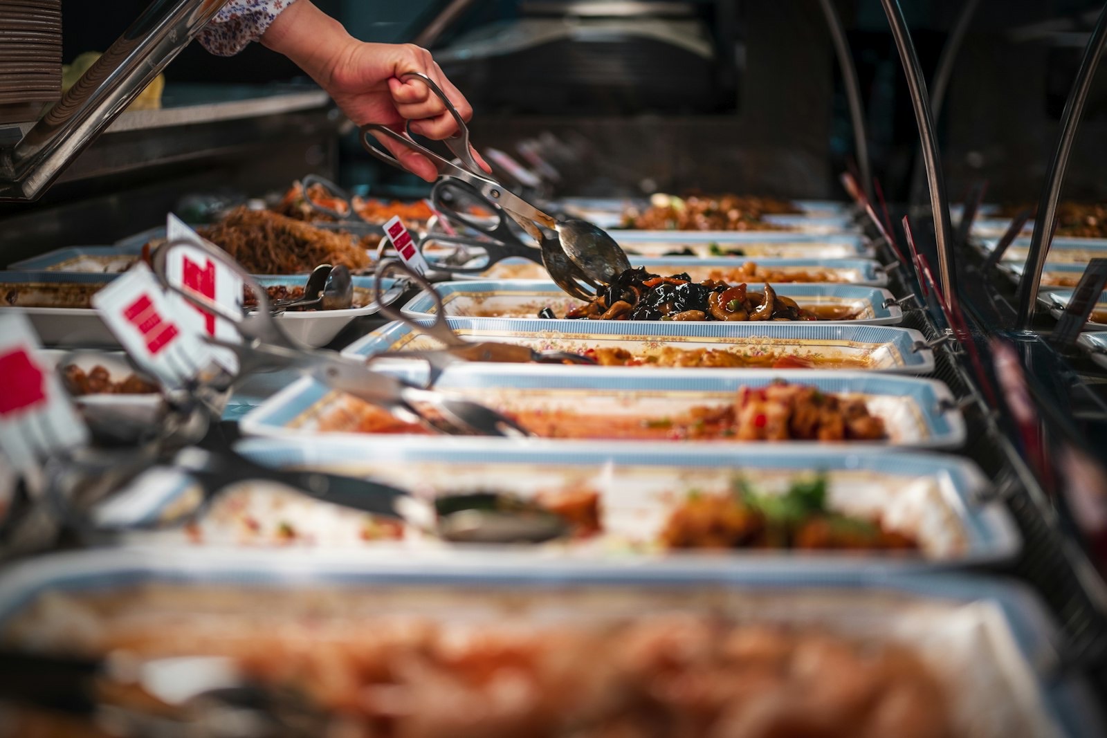 Food served from a low buffet top at a comfortable serving height