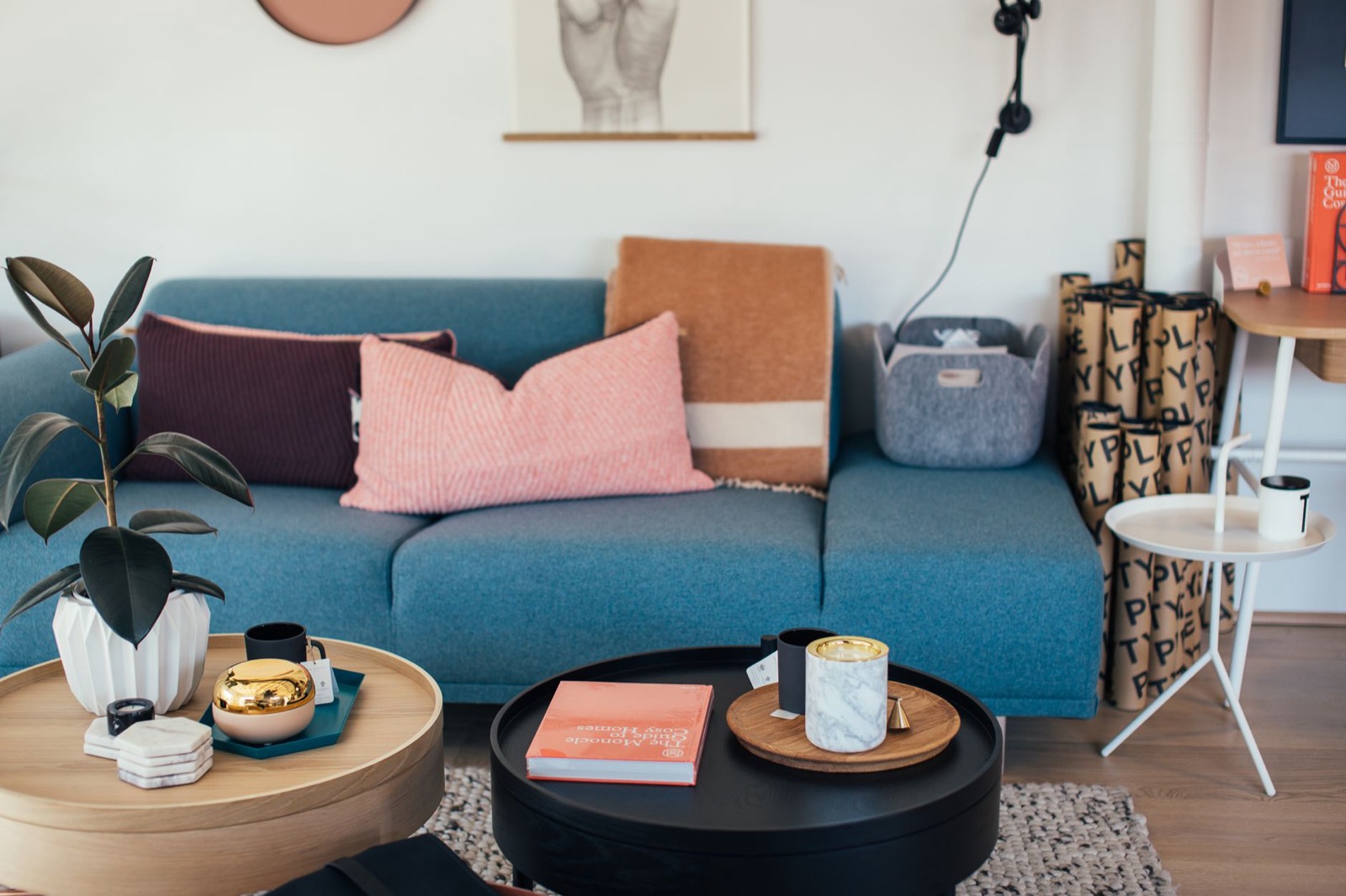 Tray on a soft-topped ottoman turning it into a usable surface