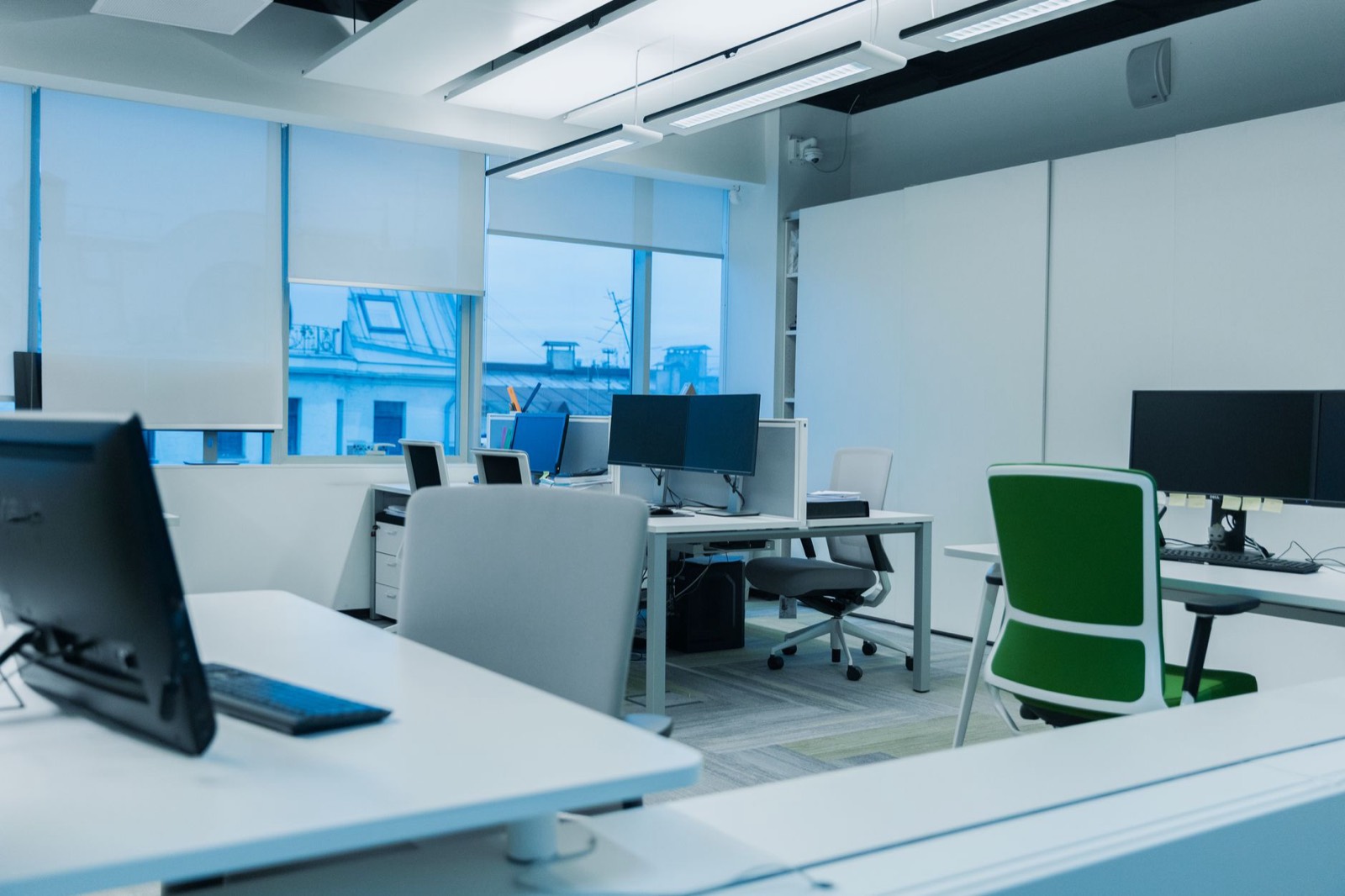 Office layout with a desk and chair, showing the clearance needed to swivel to storage behind