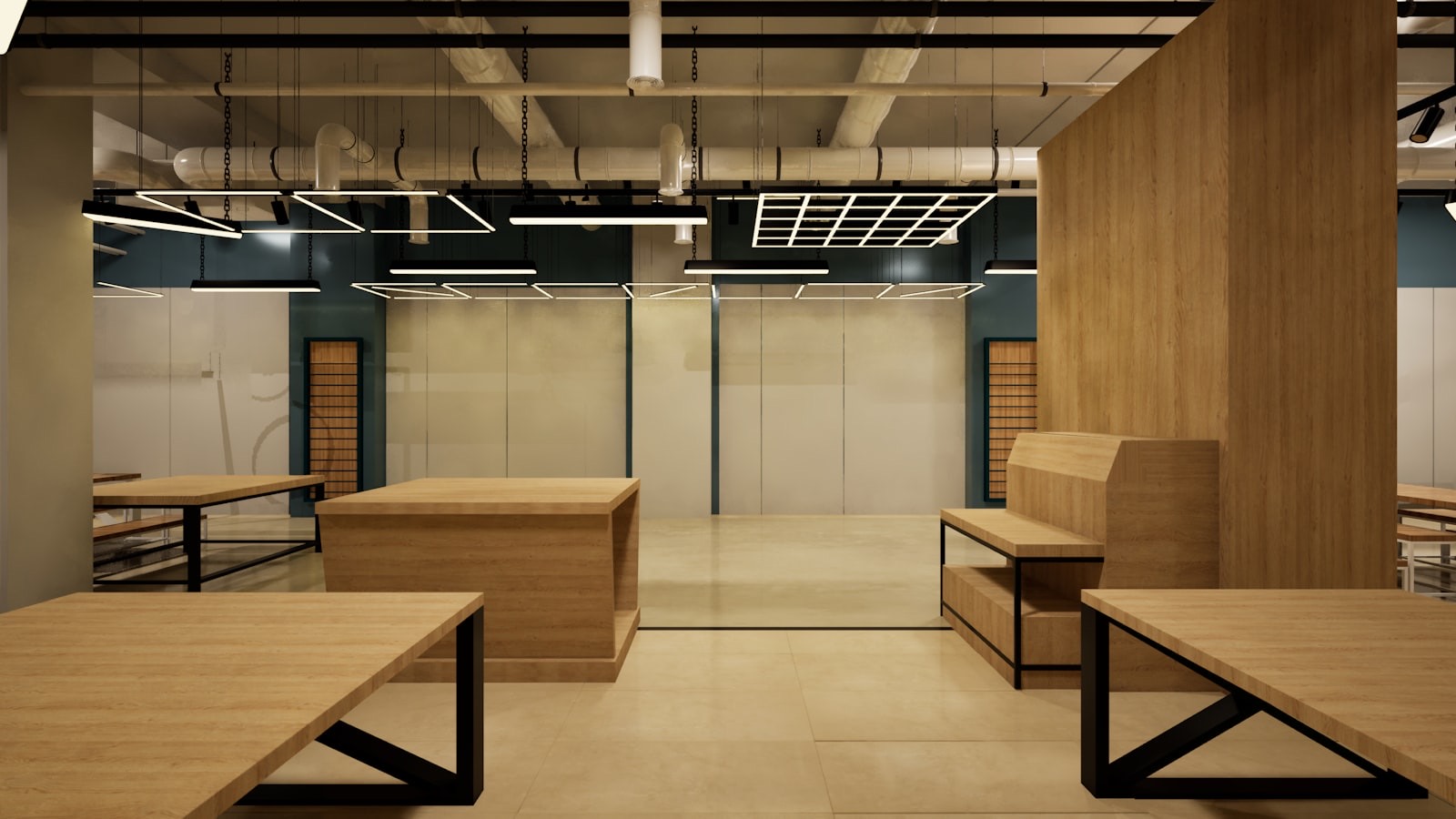 Desks displayed in a showroom where height and knee clearance can be tested