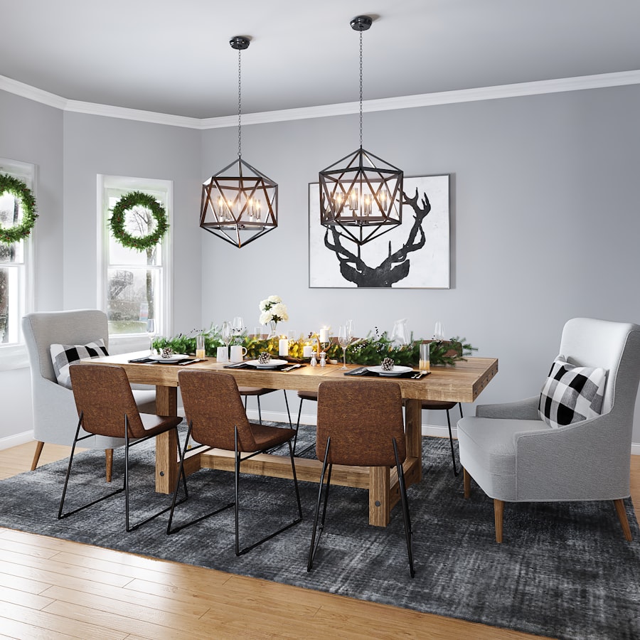 Farmhouse dining table with mixed seating and pendant lights