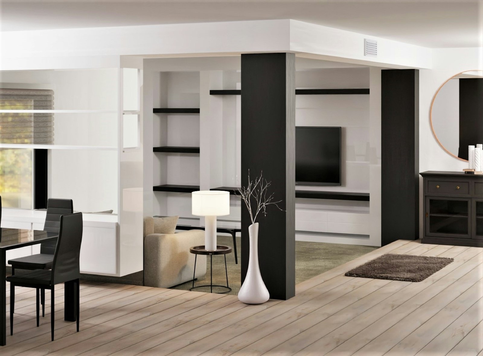 Entertainment center with shelving and enclosed storage for media equipment