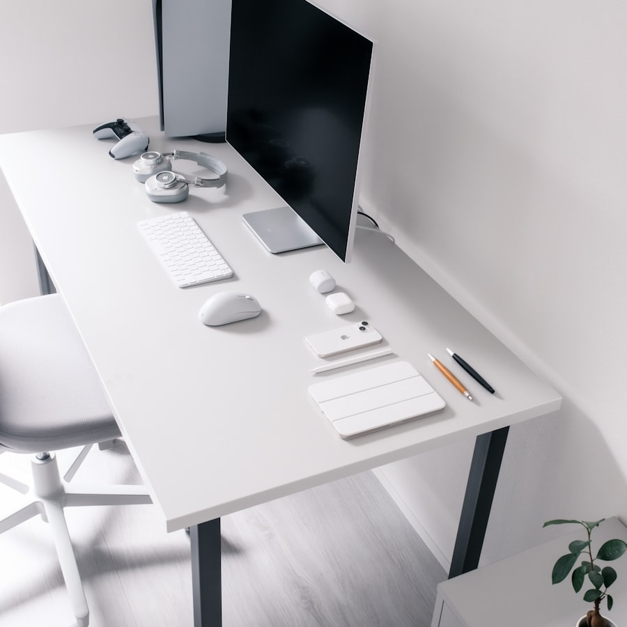 Minimalist white desk setup