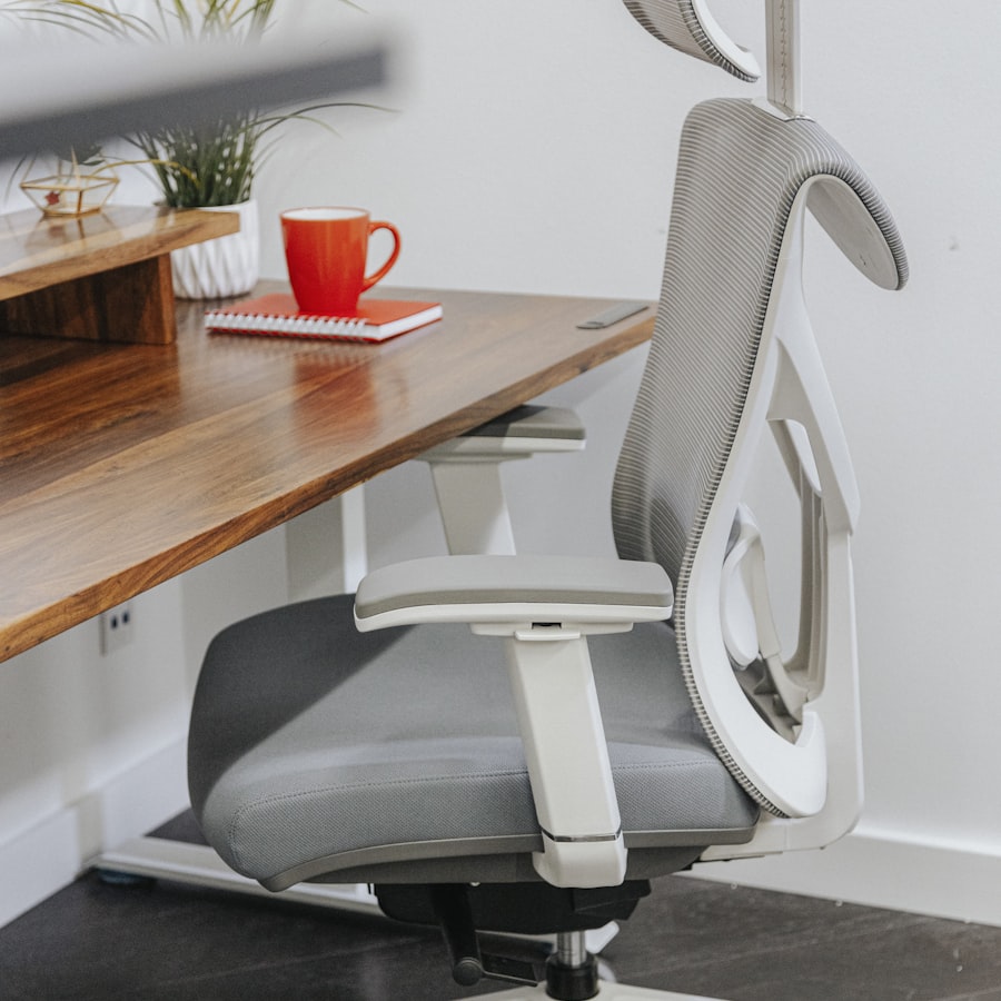 Modern ergonomic office chair with wood desk