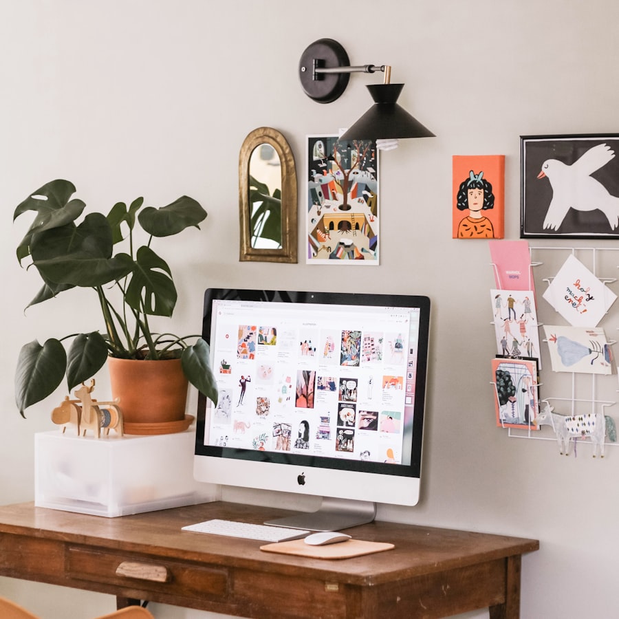 Vintage wood desk with gallery wall