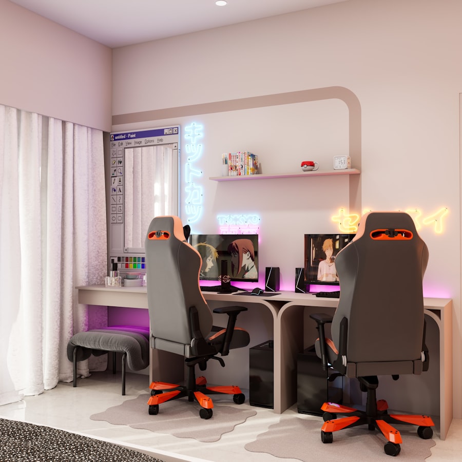Teen gaming desk setup with neon lights