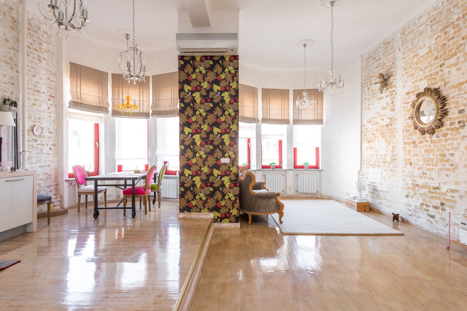 Living room mixing furniture styles and wood tones deliberately