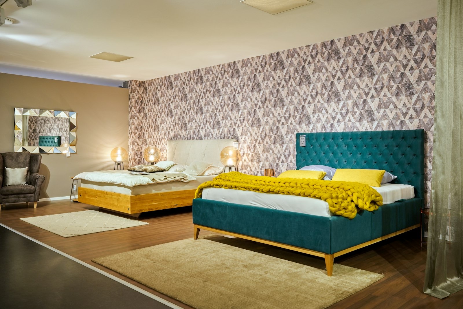Bedroom furniture displayed in a showroom where nightstand heights can be compared