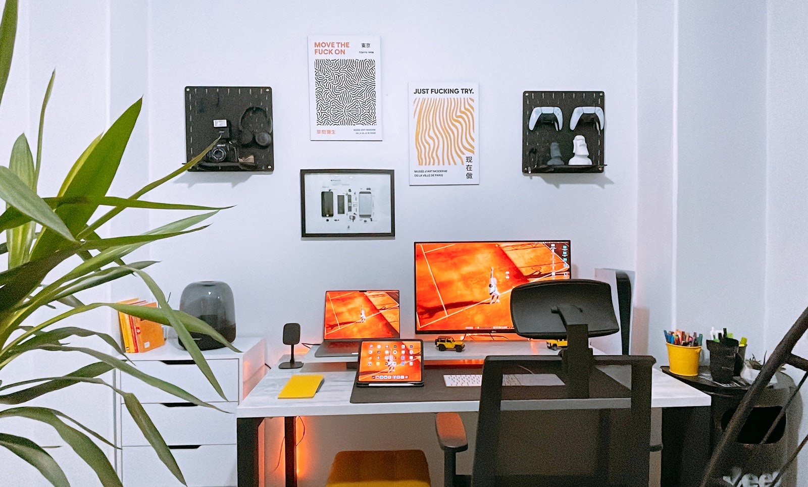 Office chair positioned at a desk in a home workspace