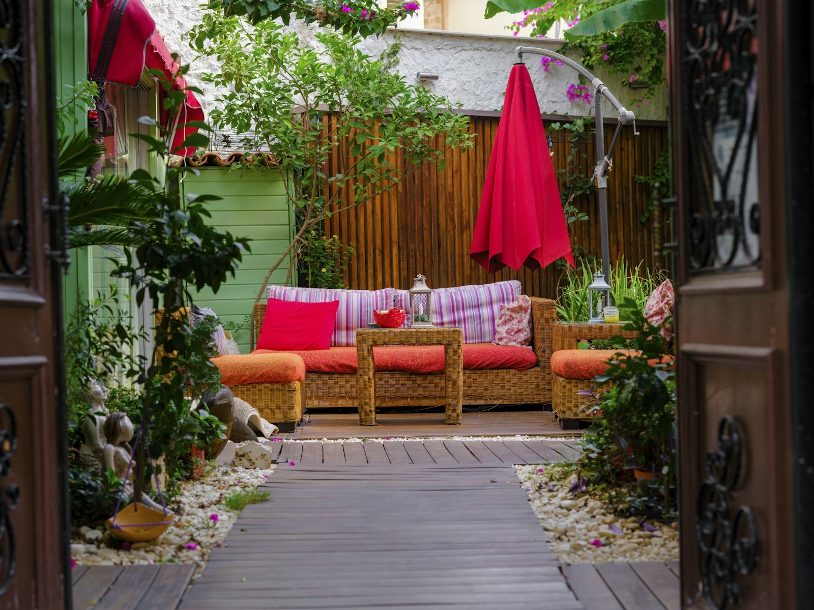 Outdoor cushions on patio seating, where fabric type determines how quickly colour fades