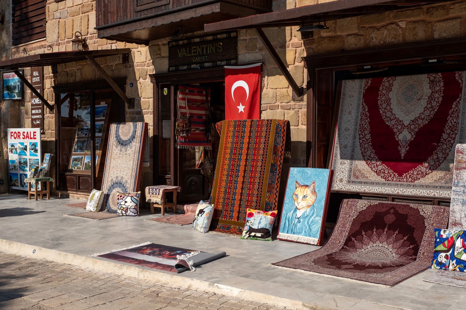Rugs displayed in a showroom where scale can be judged against furniture