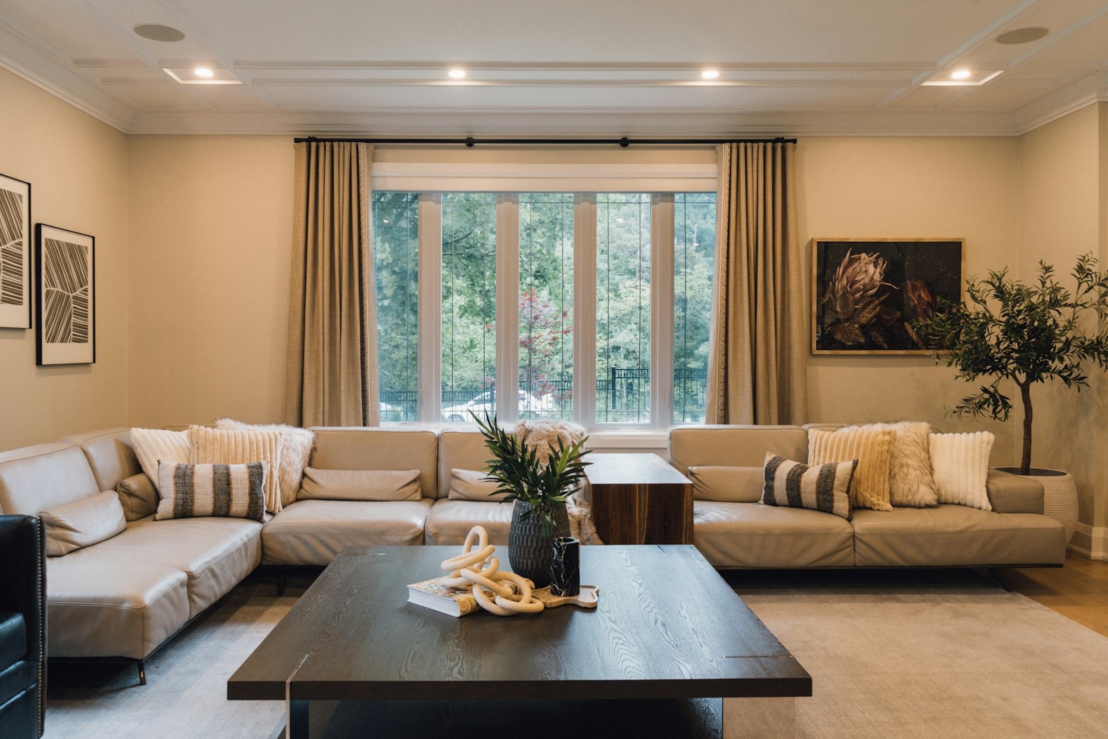 Sectional seating arrangement where a square or paired table works better than a rectangle