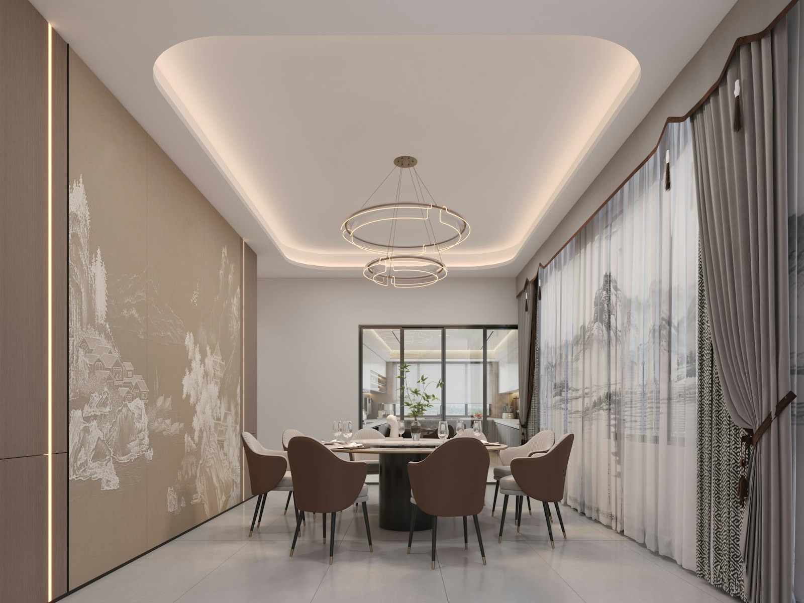 Dining room showing the floor space needed behind pulled-out chairs before a sideboard