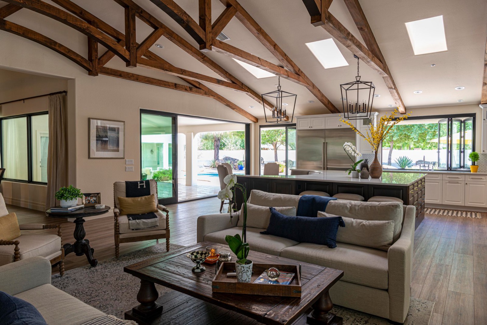 Open plan living area where a swivel chair needs clearance to rotate freely