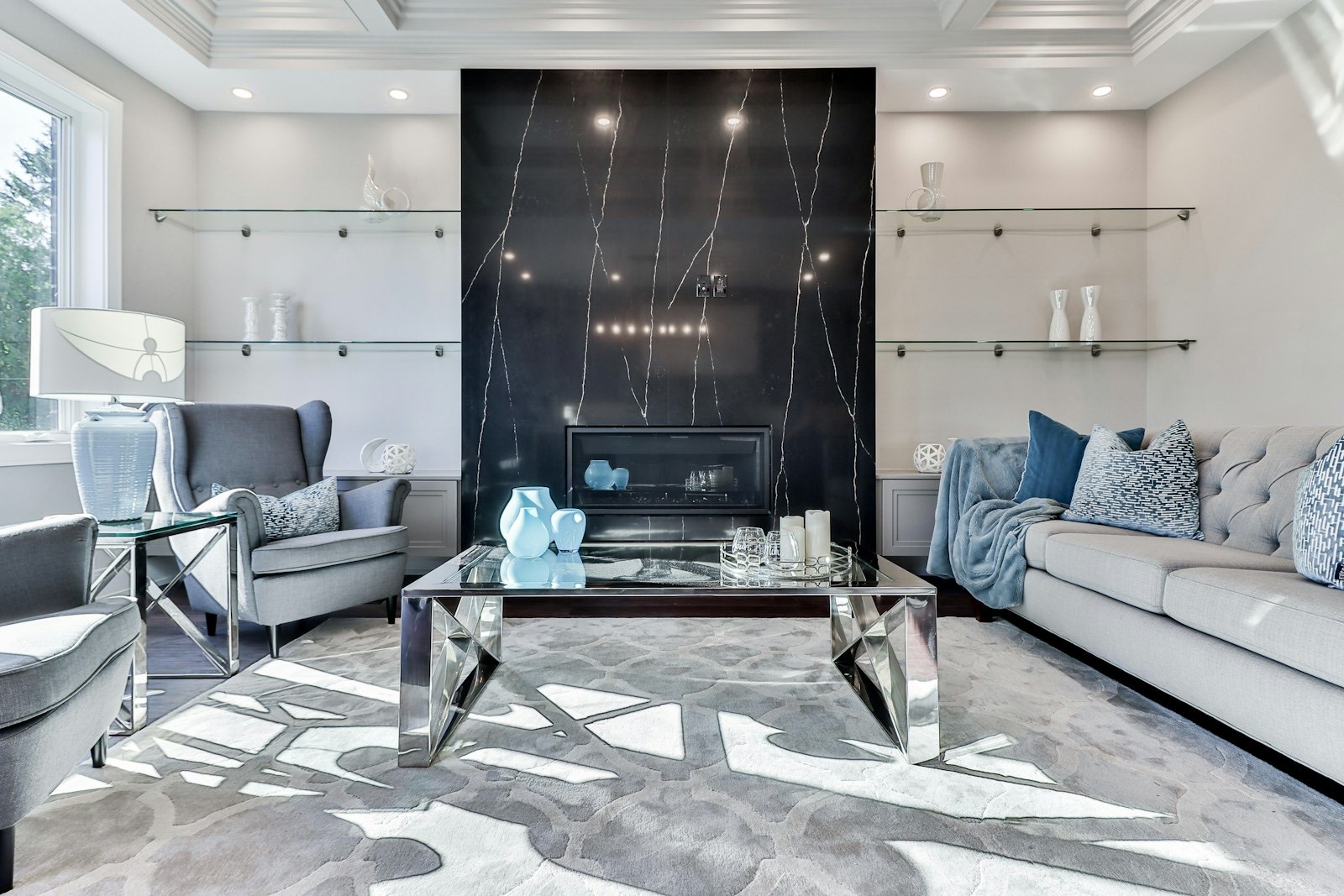 Glass-topped coffee table that visually opens up a smaller living room