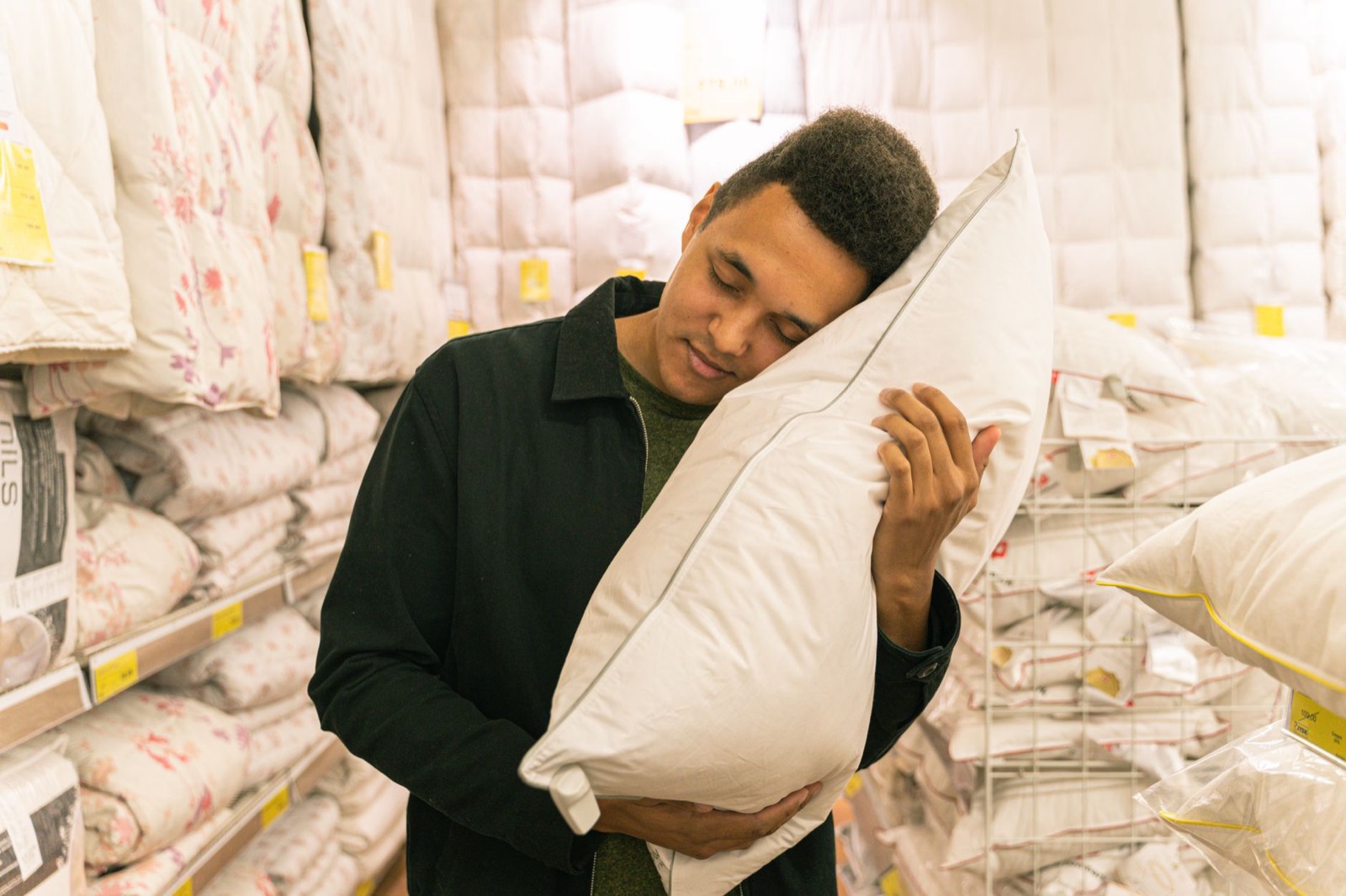 Mattress showroom, where firmness should be tested for ten minutes