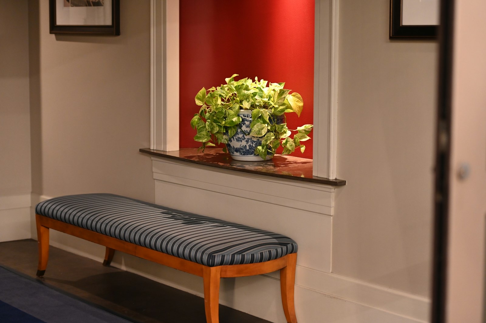 Upholstered dining bench, showing the fabric surface that needs cleaning