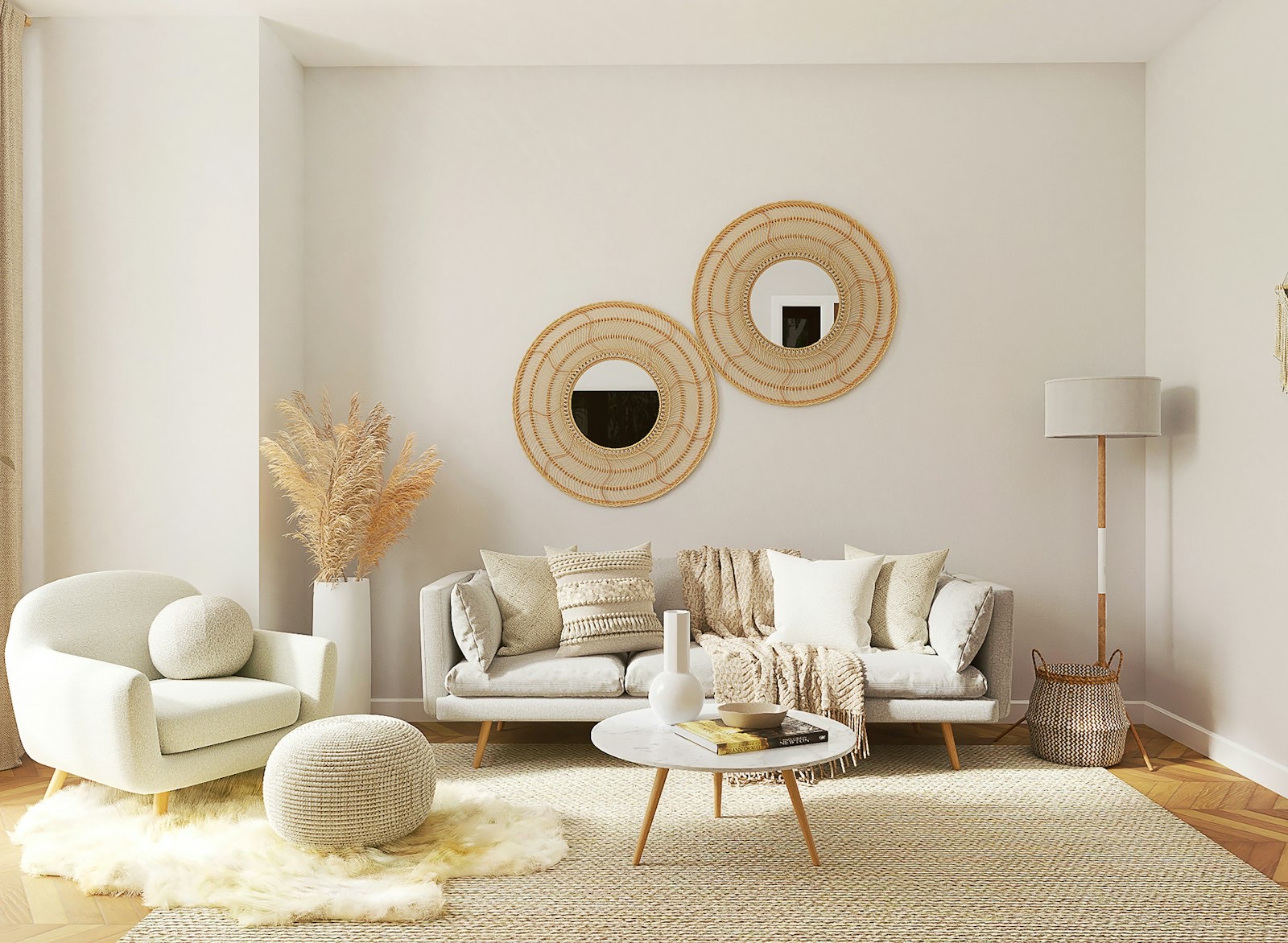 Large wall mirror hung in a living room, sized to the furniture beneath it
